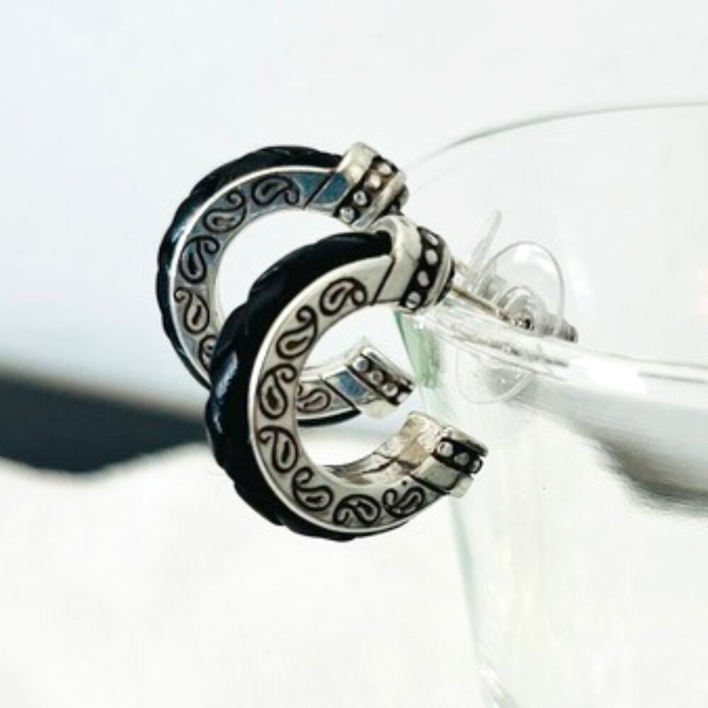 Brighton Black Leather Braided Silver Hoop Earrings